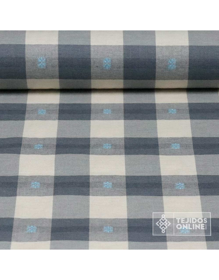 Tela de Cuadros Gris y Beige con Bordado Celeste - Telas Online