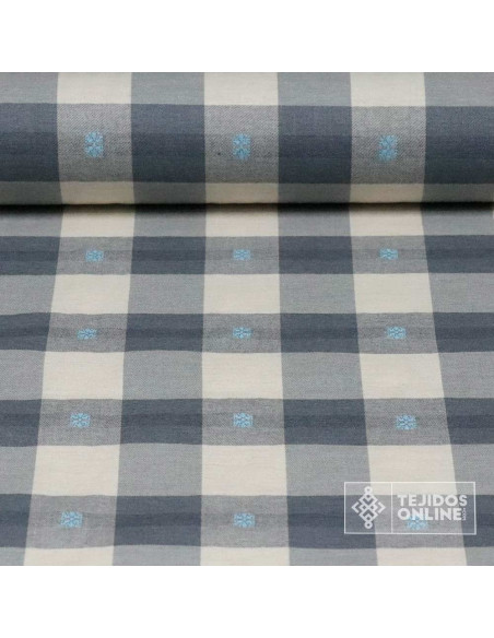 Tela de Cuadros Gris y Beige con Bordado Celeste - Telas Online Tela de Cuadros Gris y Beige con Bordado Celeste - Telas Online