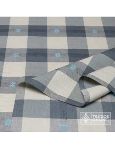 Tela de Cuadros Gris y Beige con Bordado Celeste - Telas Online 2
