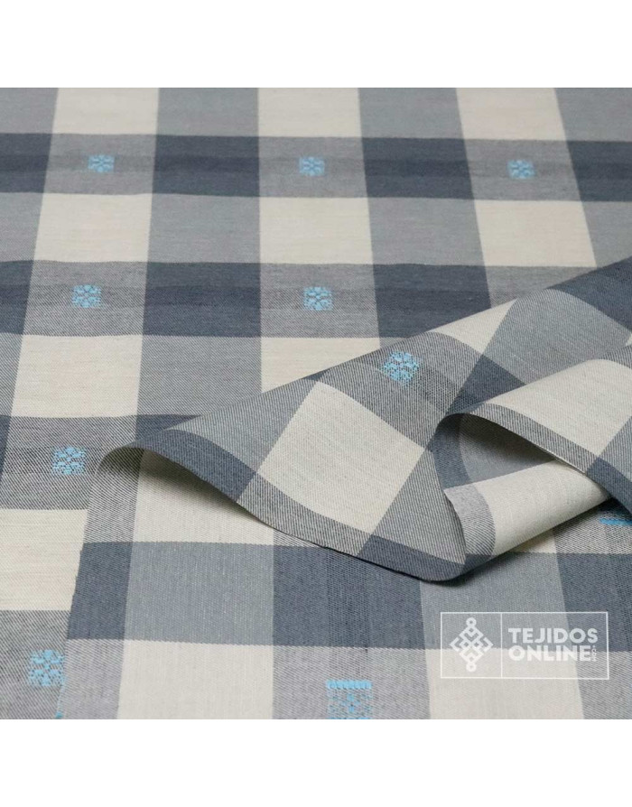 Tela de Cuadros Gris y Beige con Bordado Celeste - Telas Online