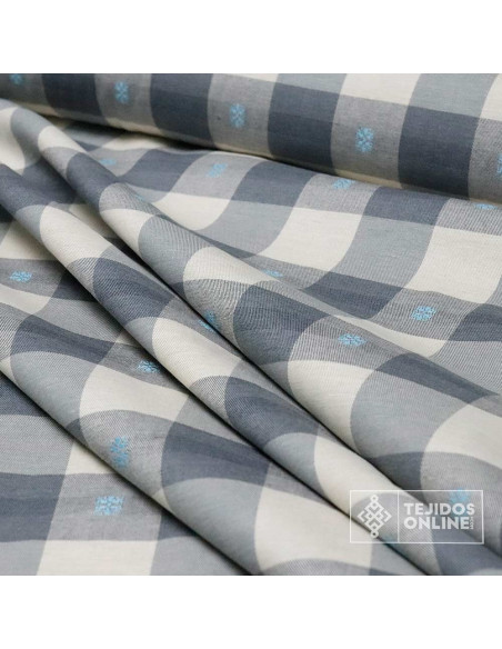 Tela de Cuadros Gris y Beige con Bordado Celeste - Telas Online Tela de Cuadros Gris y Beige con Bordado Celeste - Telas Online