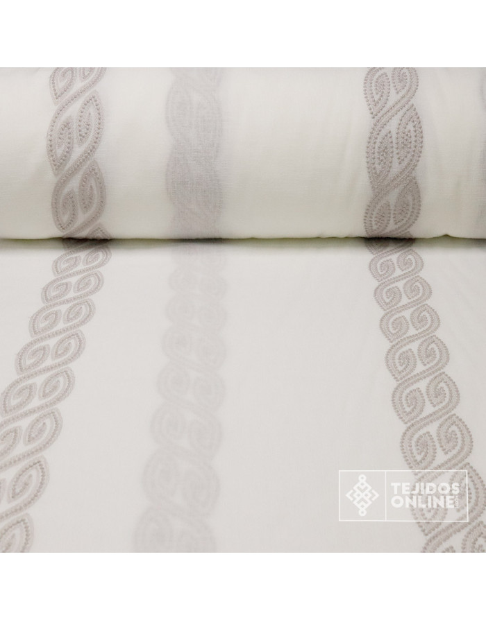 Visillo Blanco Roto Bordado Franja Camel y Gris - Cortinas - Imagen 1