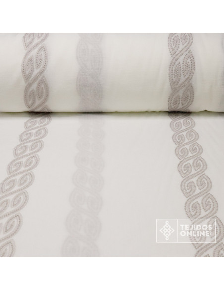 Visillo Blanco Roto Bordado Franja Camel y Gris - Cortinas - Imagen 1