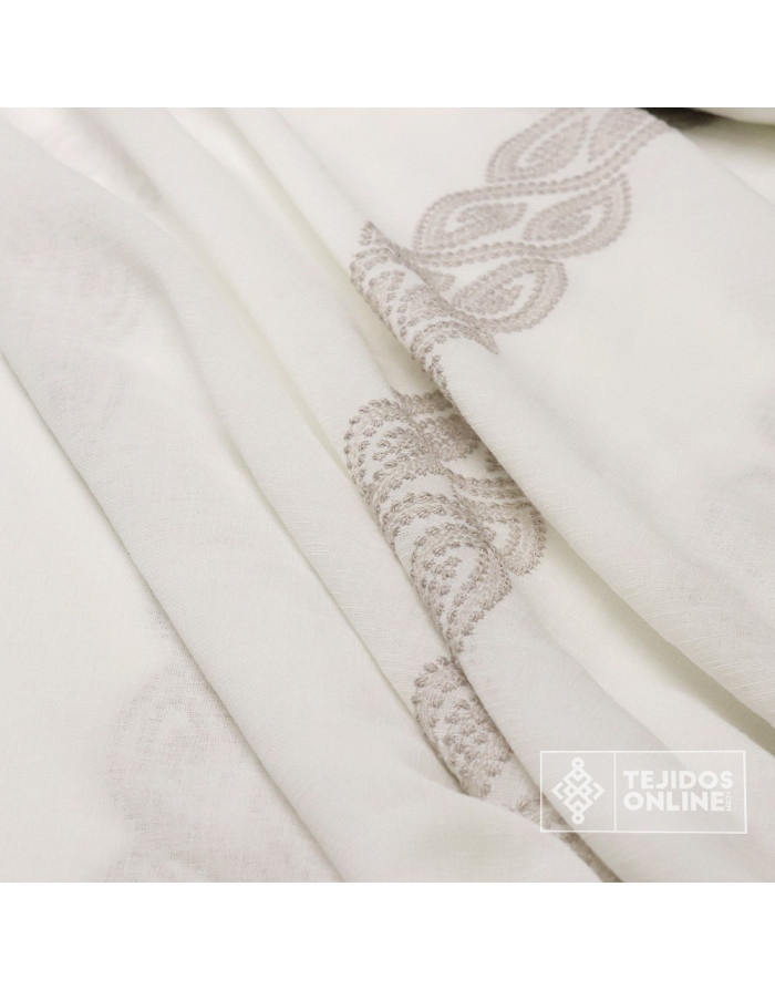 Visillo Blanco Roto Bordado Franja Camel y Gris - Cortinas - Imagen 3