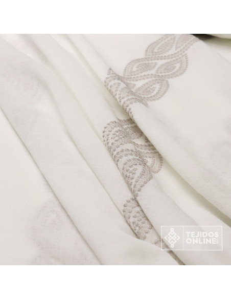 Visillo Blanco Roto Bordado Franja Camel y Gris - Cortinas - Imagen 3