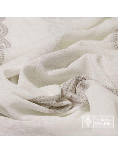 Visillo Blanco Roto Bordado Franja Camel y Gris - Cortinas - Imagen 4