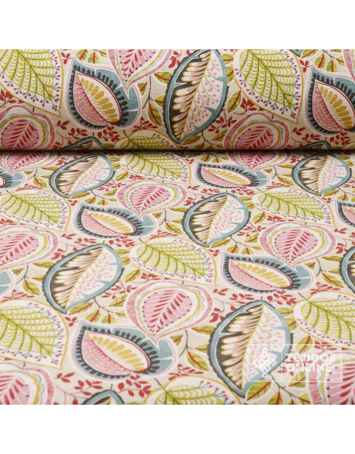Tela Loneta Estampada de Hojas Vintage - Tela Para Manualidades