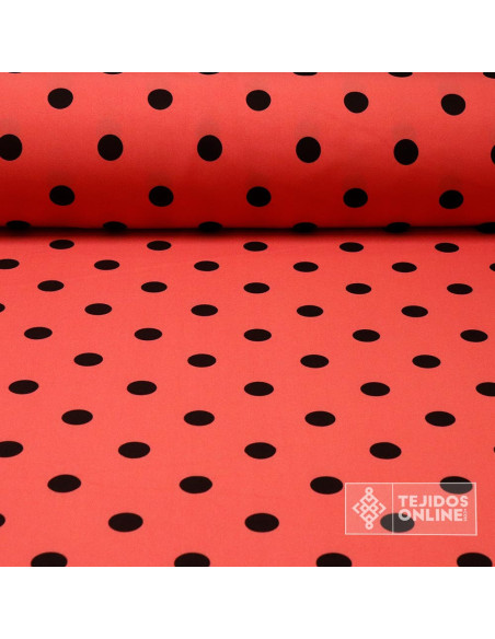 Tela Coral con Lunares Negros - Telas de Flamenca Tela Coral con Lunares Negros - Telas de Flamenca