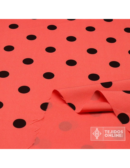 Tela Coral con Lunares Negros - Telas de Flamenca Tela Coral con Lunares Negros - Telas de Flamenca