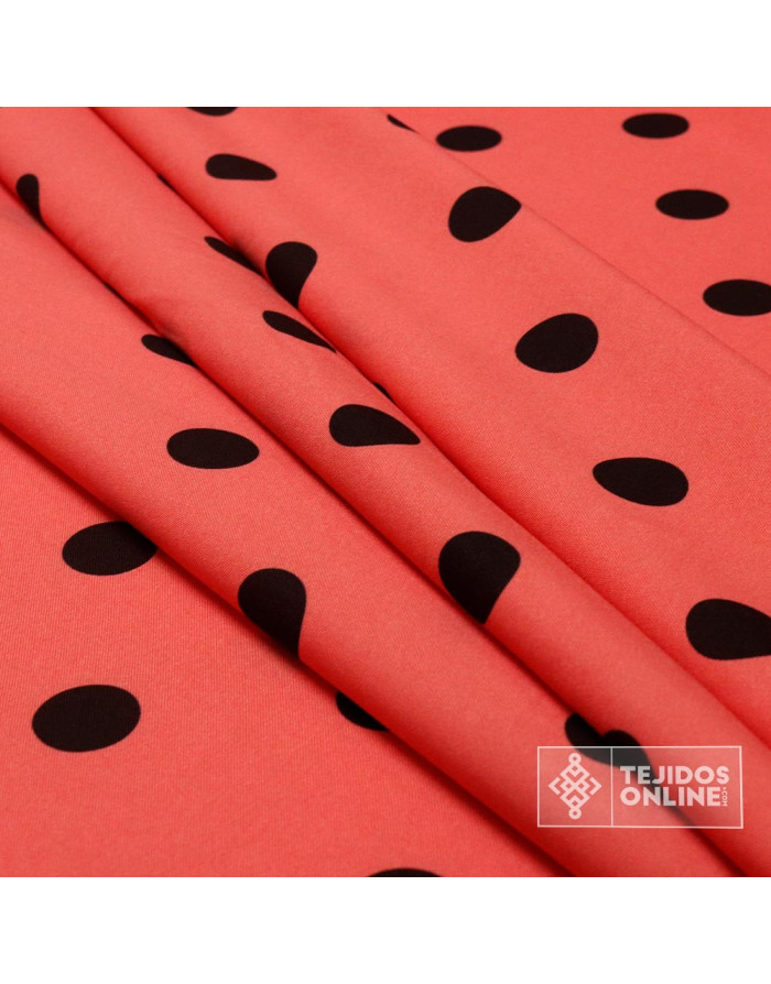 Tela Coral con Lunares Negros - Telas de Flamenca