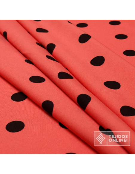 Tela Coral con Lunares Negros - Telas de Flamenca Tela Coral con Lunares Negros - Telas de Flamenca