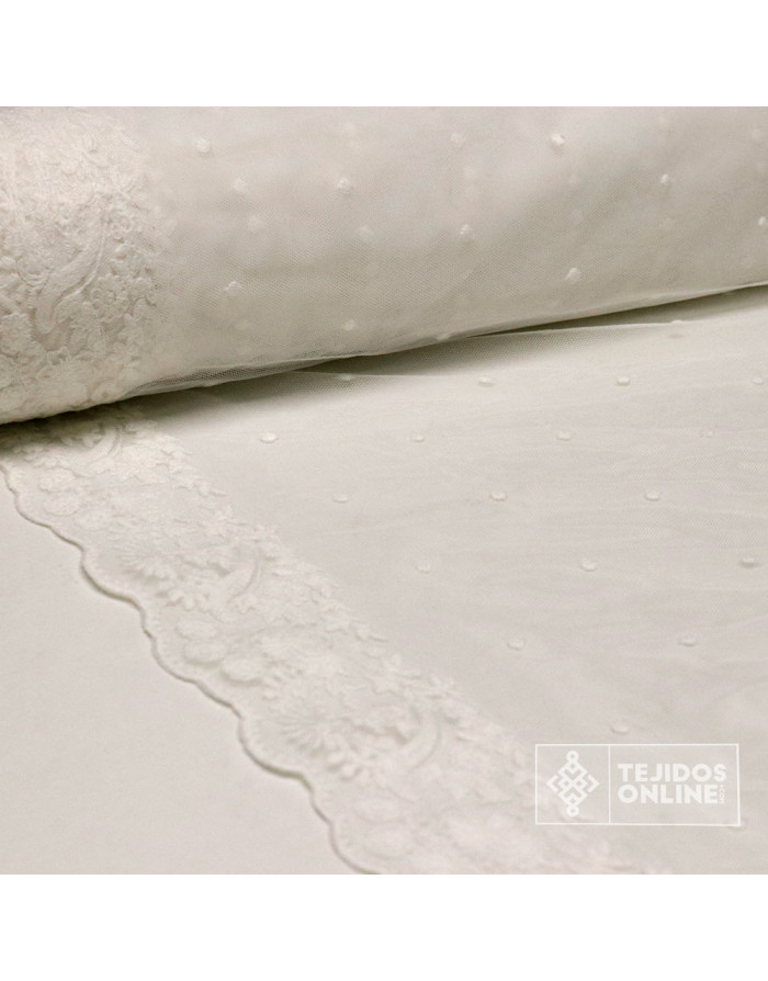 Tul Blanco Bordado con Puntas y Panetes | Telas de Tul