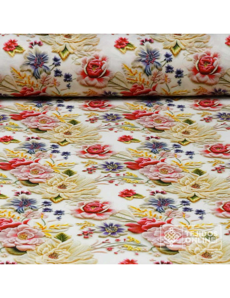 Tela Estampada de Flores Beige y Fucsia | Telas para Vestir