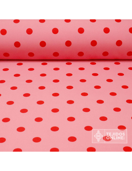 Tela Rosa Chicle con Lunares Rojos - Telas para Trajes de Flamenca Tela Rosa Chicle con Lunares Rojos - Telas para Trajes de Flamenca