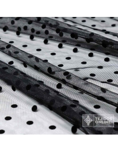 Tul Negro Lunar Negro Flocado - Telas de Flamenca - Imagen 2