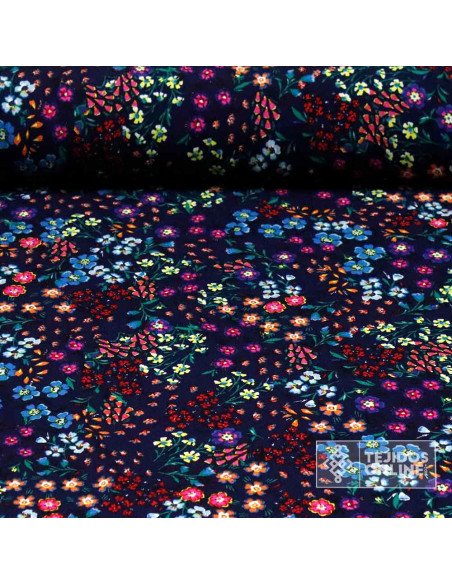 Tela de Viscosa Azul Marino con Estampado Floral