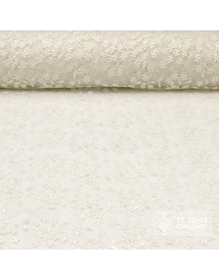 Tul Bordado Blanco Roto Con Flores – Tela con Acabado en Punta