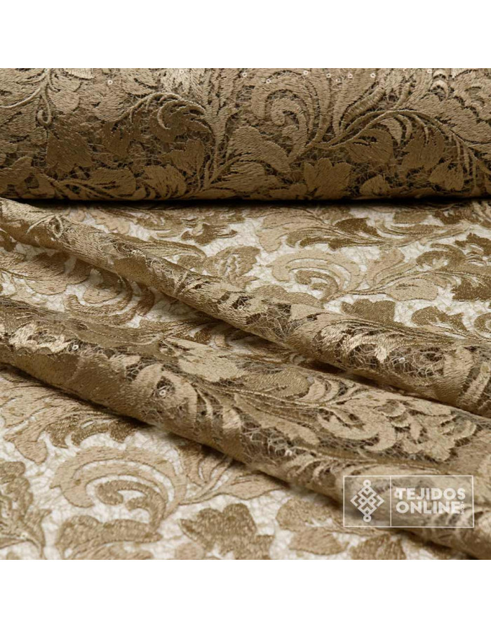 Encaje Topo con Lentejuelas y Base Craquelada - Telas de Boda