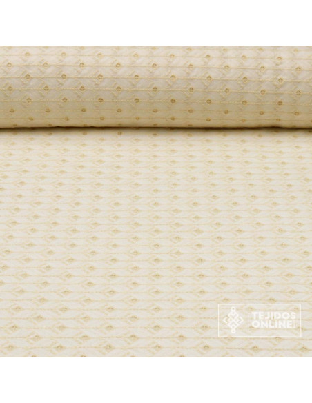 Batista Perforada Blanca con Hilatura Camel - Tela 100% Algodón - Imagen 1