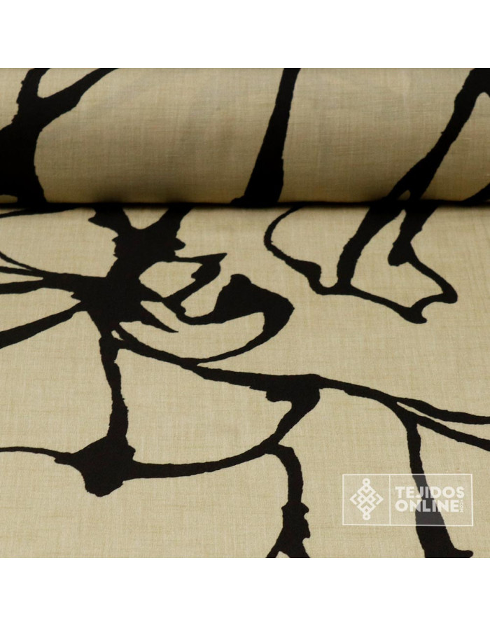 Tela de Lino Estampado con Trazos Burdeos y Negro