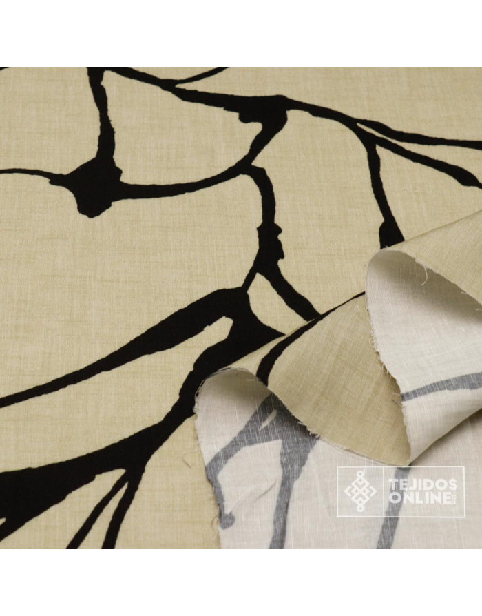 Tela de Lino Estampado con Trazos Burdeos y Negro