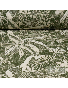 ela de Lino Estampado Hojas y Cebras Verde Caqui | Tejidosonline