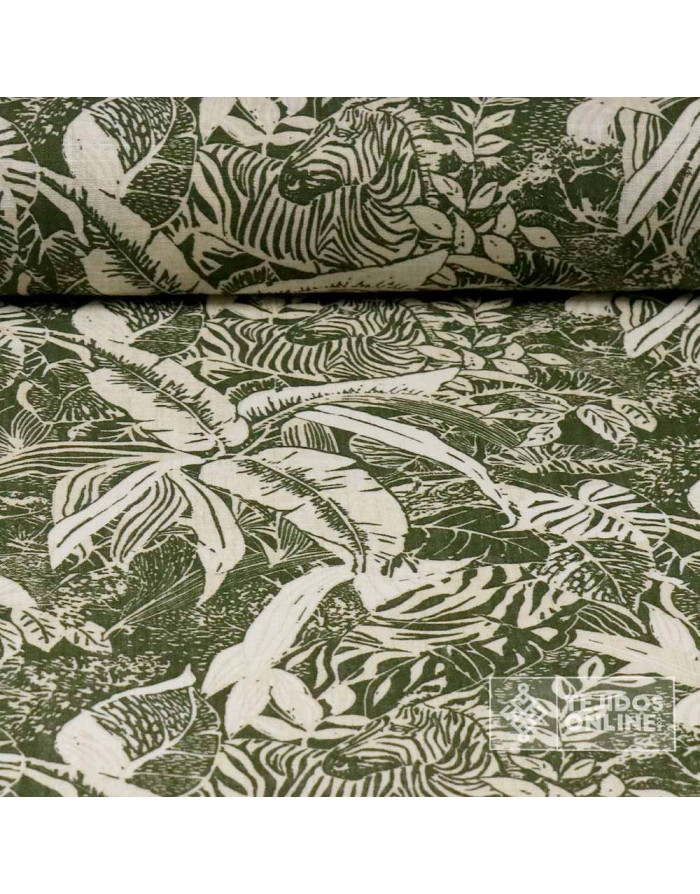 ela de Lino Estampado Hojas y Cebras Verde Caqui | Tejidosonline
