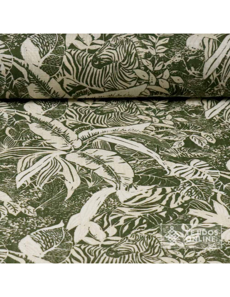 ela de Lino Estampado Hojas y Cebras Verde Caqui | Tejidosonline ela de Lino Estampado Hojas y Cebras Verde Caqui | Tejidosonline