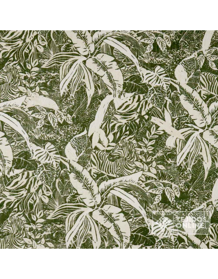 ela de Lino Estampado Hojas y Cebras Verde Caqui | Tejidosonline