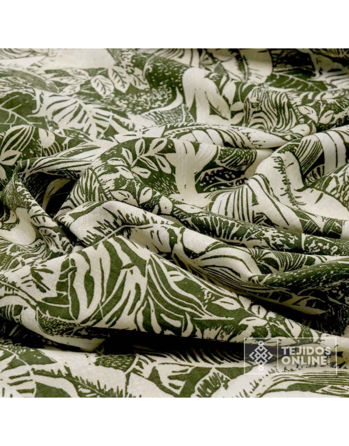 ela de Lino Estampado Hojas y Cebras Verde Caqui | Tejidosonline