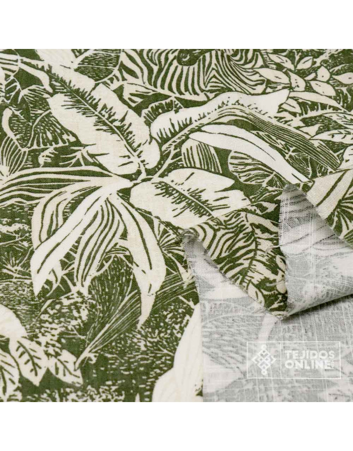ela de Lino Estampado Hojas y Cebras Verde Caqui | Tejidosonline
