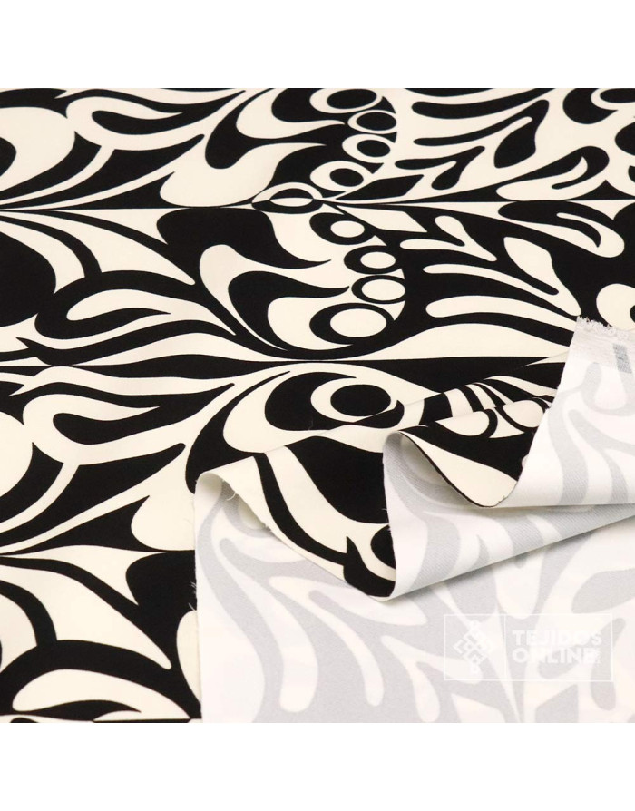 Tela con Lycra Estampada Negra y Beige - Telas de Vestir