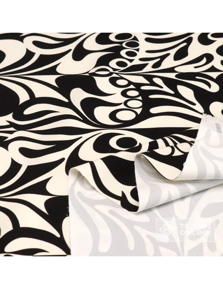 Tela con Lycra Estampada Negra y Beige - Telas de Vestir