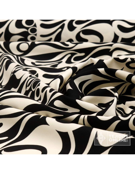 Tela con Lycra Estampada Negra y Beige - Telas de Vestir
