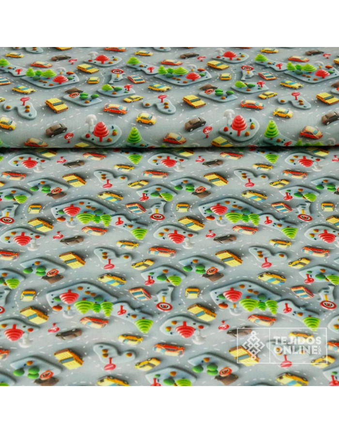 Tela Algodón Carreteras Infantiles Gris | Tejidosonline