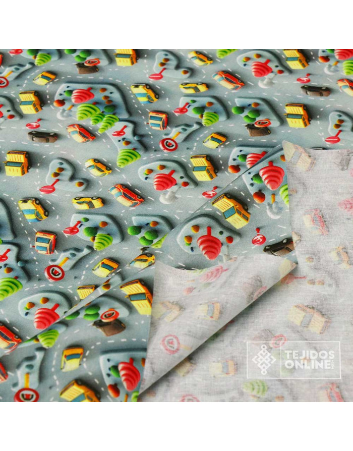 Tela Algodón Carreteras Infantiles Gris | Tejidosonline