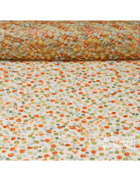 Tul Lentejuelas Florales Naranja - Telas Online - Tela Tul