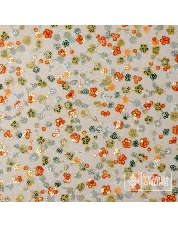Tul Lentejuelas Florales Naranja - Telas Online - Tela Tul