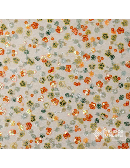 Tul Lentejuelas Florales Naranja - Telas Online - Tela Tul
