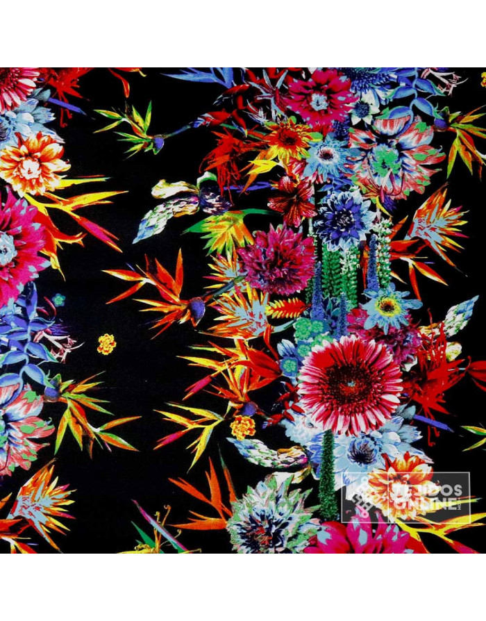Tela Negra Flores Multicolor Estampadas con Lycra