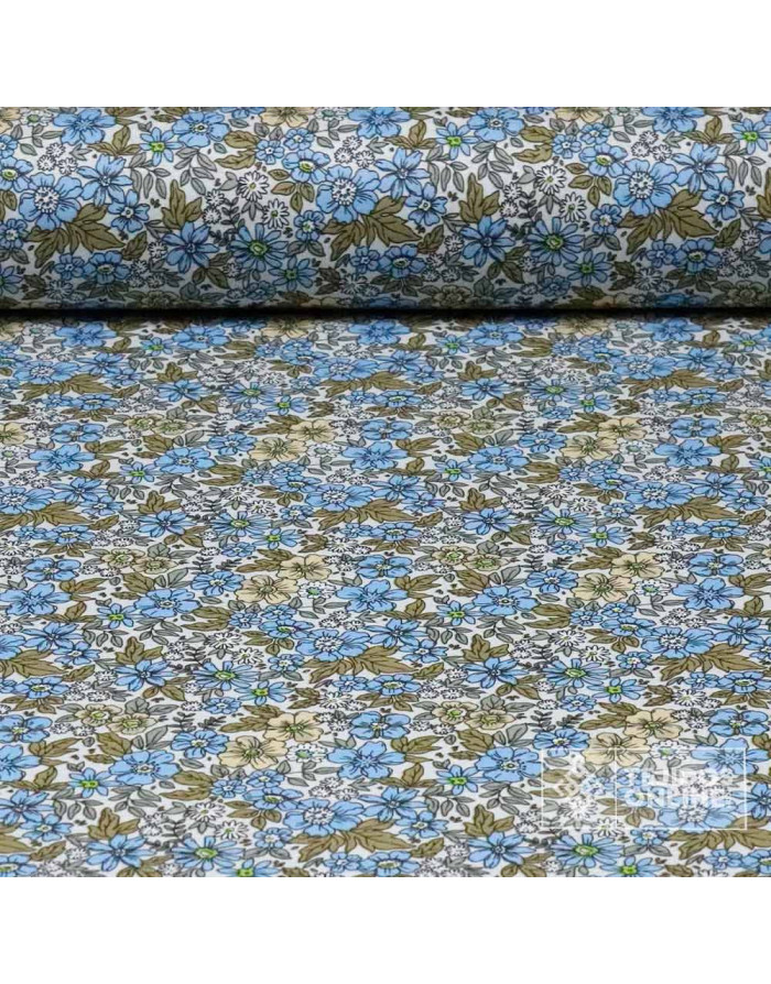 Tela de Algodón Flor Celeste y Hojas Caquis  - 100% Algodón Infantil - Imagen 1