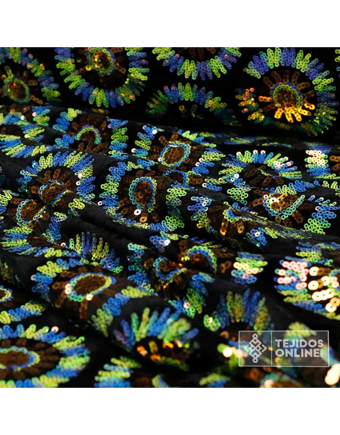 Lentejuelas Flor Circulo Verde y Azul | Telas de Lentejuelas - Imagen 3