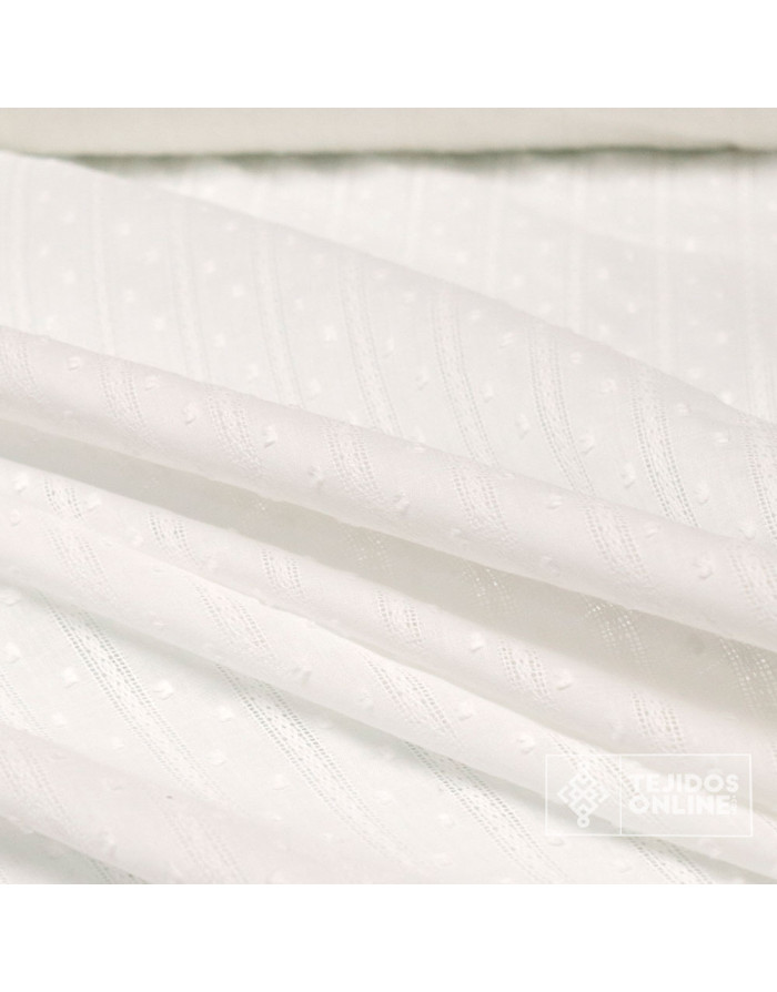 Batista Bordada Plumeti Rayas Blanco y Beige | TelasOnline