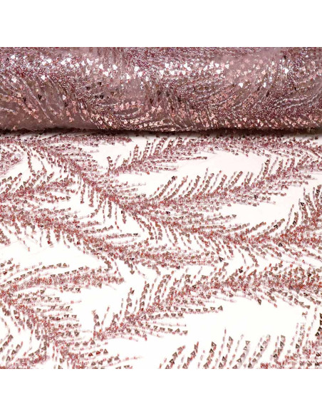 Tela de Lentejuelas - Tul Con Pedrería Burdeos Rosado - Imagen 1