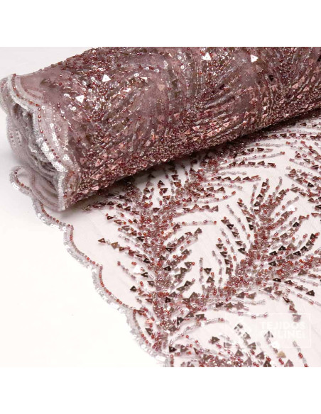 Tela de Lentejuelas - Tul Con Pedrería Burdeos Rosado - Imagen 2