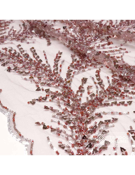 Tela de Lentejuelas - Tul Con Pedrería Burdeos Rosado - Imagen 3