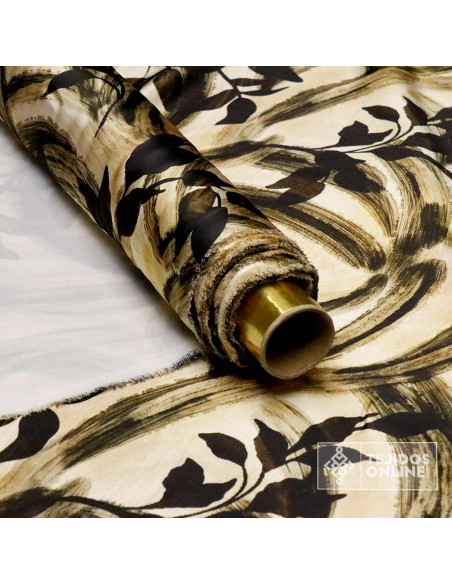 Crep Seda Raso Hojas Verde y Camel | Tejido De Vestir - Imagen 3