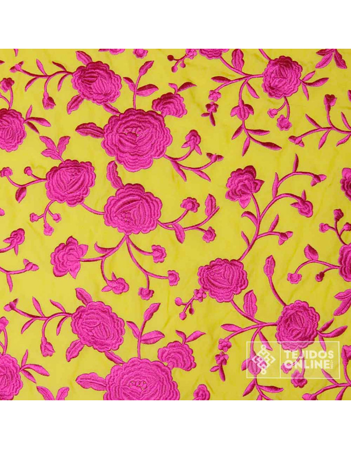 Tela Mantón de Manila Amarilla Flor Fucsia - Tela Mantón de Manila - Imagen 3