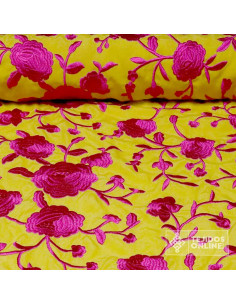 Tela Mantón de Manila Amarilla Flor Fucsia - Tela Mantón de Manila