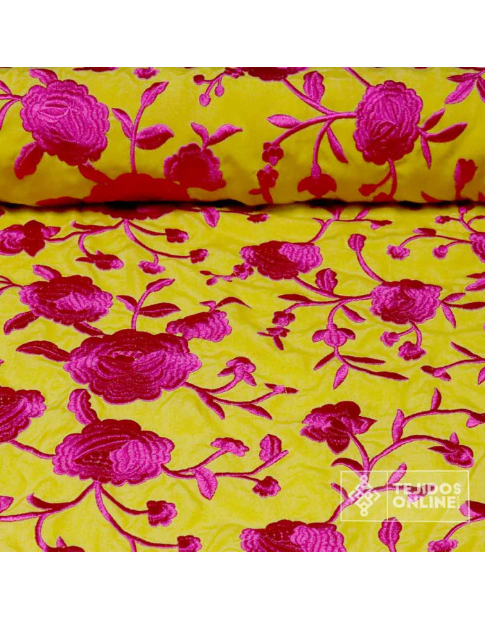 Tela Mantón de Manila Amarilla Flor Fucsia - Tela Mantón de Manila - Imagen 1